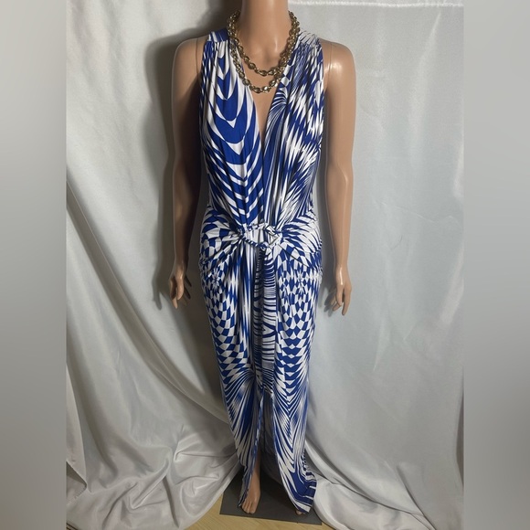 Cameo USA Blue White Geometric Print Maxi Dress Knot Front Size M - Picture 1 of 7